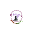 Pawsvalley logo with mountains, paw prints, a dog, and a cat