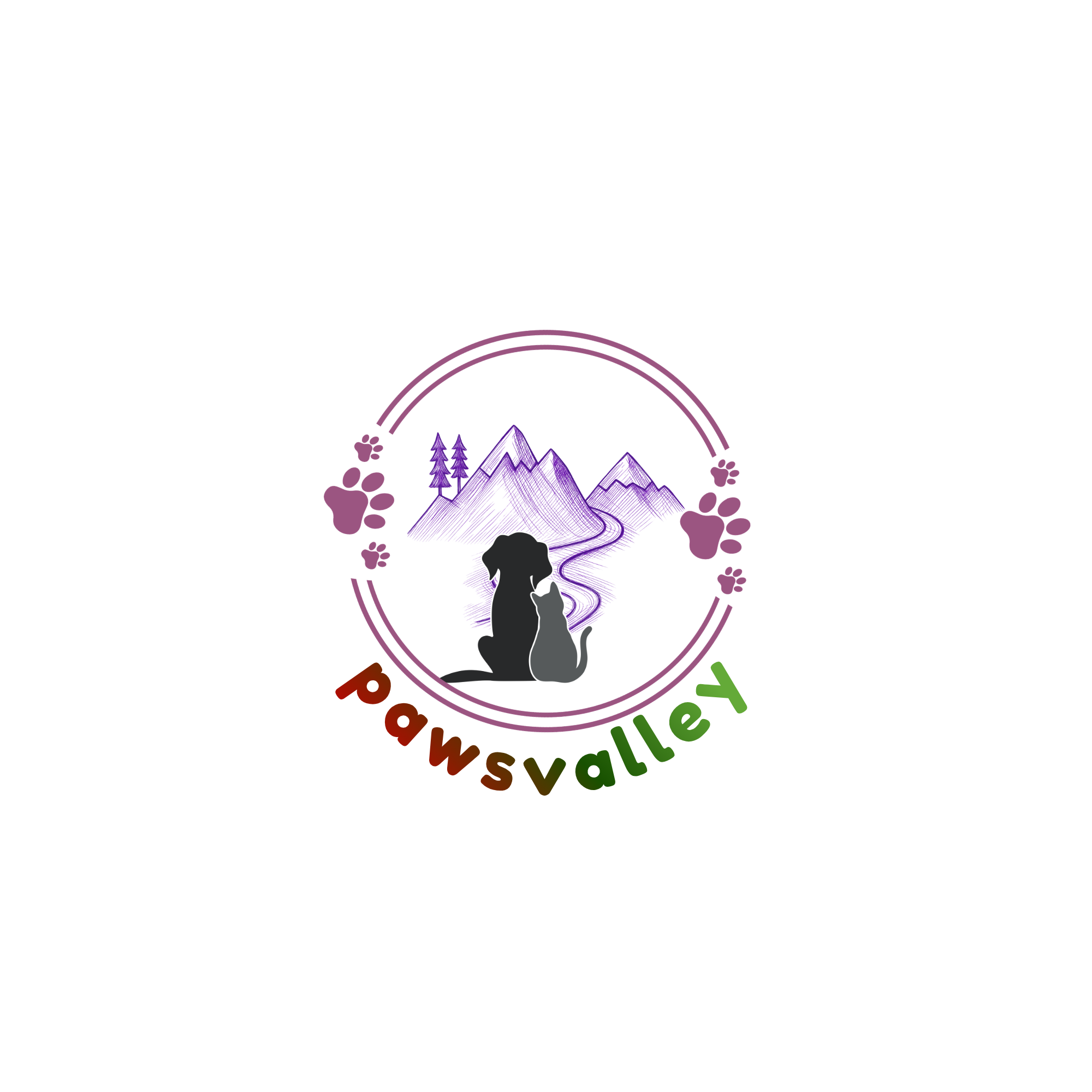 Pawsvalley logo with mountains, paw prints, a dog, and a cat